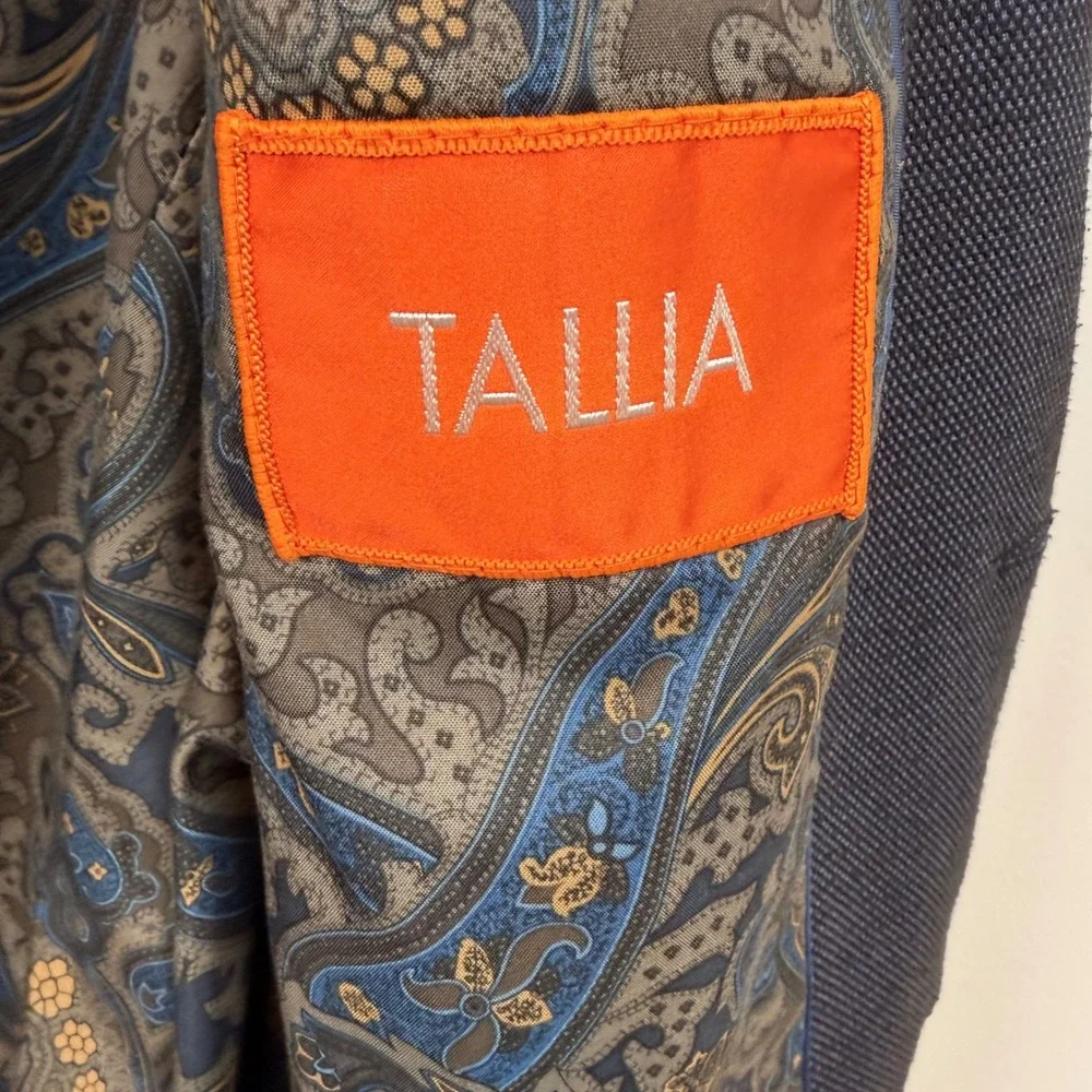 Tallia Orange Mens 42R‎ Blazer Navy Blue Micro Texture Paisley Lining Sport Coat
